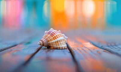 Wall Mural - A close up of shell is sitting on a wooden surface. Free copy space for banner.