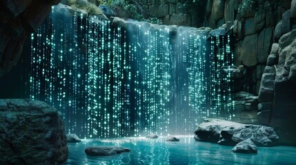 Fototapete - A waterfall of digital code flows into a tranquil pool in a cave. The light from the waterfall illuminates the surrounding rocks and creates a mesmerizing display.