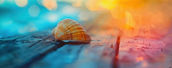 Wall Mural - A close up of shell is sitting on a wooden surface. Free copy space for banner.