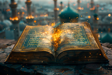 An open book of the Koran is prominently displayed, with a magical mosque in the background, creating a serene and spiritual atmosphere