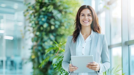 Smiling businesswoman holding a tablet, standing outside a modern glass building. Professional and confident.