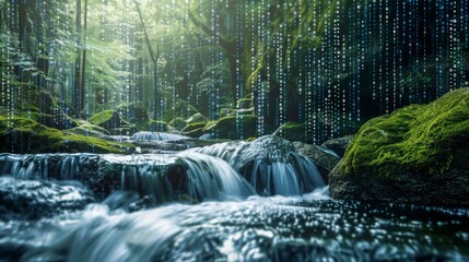 Aufkleber - A cascading stream flows through a mossy forest, with digital code raining down from above.