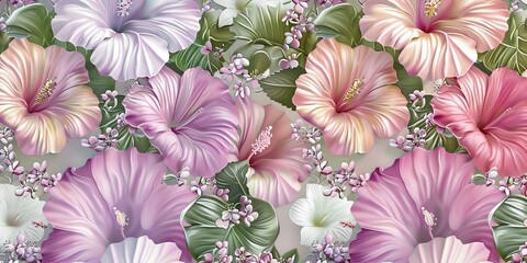 Canvas Print - Hibiscus floral background, seamless pattern, luxury wallpaper. Tropical green leaves, delicate romantic flowers, pink, beige, purple, white gypsophila. Watercolor 3d illustration, Generative AI