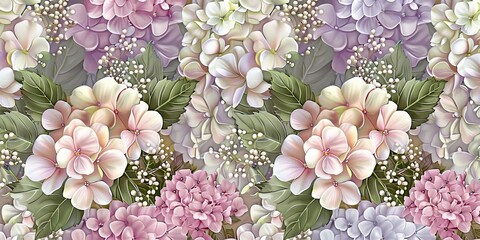 Sticker - Luxury wallpaper, floral background, seamless pattern. Delicate romantic flowers, hydrangea, pink, beige, purple, white gypsophila, green leaves. Watercolor 3d illustration, texture. Generative AI