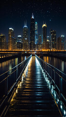 Wall Mural - Standing on a bridge, I look up at the heart of the city. It's nighttime. The reflections of city lights and the nightscape shimmer on the river,