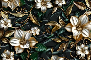 Poster - Luxury floral seamless with flowers elegant leather texture illustration background in golden, green, white, and black colors. 3d abstraction wallpaper for interior mural wall art decor, Generative AI