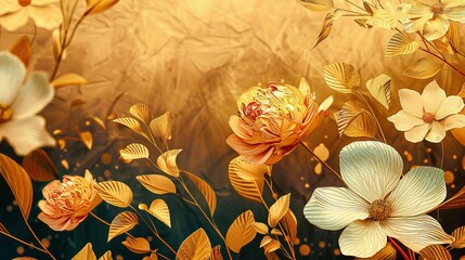 Poster - golden floral background, abstract vintage flower design, mural art, gold nature, floral wallpaper background, Generative AI