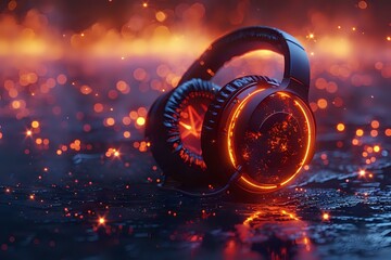 Wall Mural - Futuristic headphones with glowing neon lights on a dark background. Perfect for illustrating modern audio technology, gaming setups, and futuristic designs.