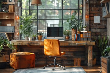 Wall Mural - Modern Home Office With Large Window and Rustic Desk