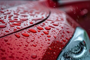 Close-up photo of raindrops on red car. This image is perfect for illustrating the concept of water resistance or car care.