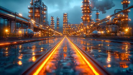 Wall Mural - Industrial oil refinery petrochemical chemical plant with equipment and tall pipes at night