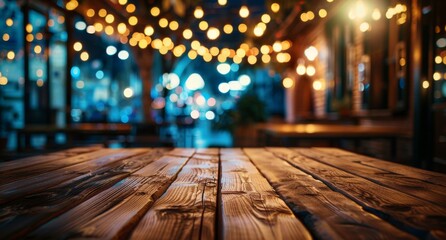 Wall Mural - Table top texture with blurred light gold bokeh in a cafe,restaurant