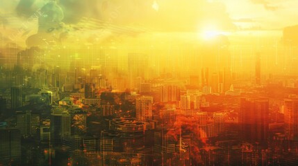 Concept of wireless network and connection technology in a city background with abstract buildings