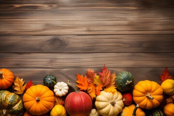 Wall Mural - Harvest symbols: colorful squash, leaves celebrate fall's arrival, background with space for text