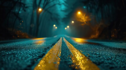 Aufkleber - A blurry image of a road with yellow lines and a dark sky. Scene is mysterious and somewhat eerie
