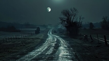 Poster - A dark road with a moon in the sky. The road is wet and the moon is shining brightly