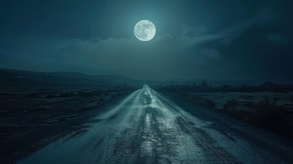 Poster - A large moon is shining on a road at night. The road is empty and the sky is dark