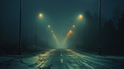 Wall Mural - a dark, foggy street with two street lights on either side