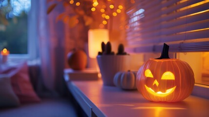 Wall Mural - a pumpkin with a smiley face on it sits on a shelf next to a window. the room is dimly lit, creating