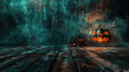Wall Mural - a wooden floor with a pumpkin and a spider on it. scene is spooky and eerie