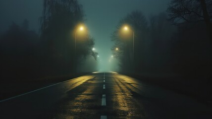 Wall Mural - a dark, rainy night with a street lit by two street lights. the street is empty and the rain is fall