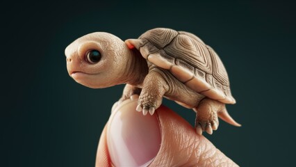 Wall Mural - A small turtle sitting on top of a finger with its eyes closed, AI