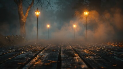 Wall Mural - a foggy night with a park setting with three street lamps. the scene is dark and mysterious, with th
