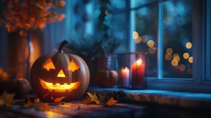 Wall Mural - a pumpkin with a smiley face on it sits on a table next to candles. the scene is set in a dimly lit 