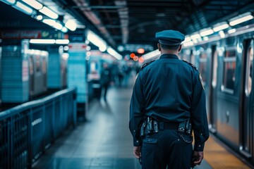 Subway Security Officer Patrolling Busy Station for Safety and Surveillance