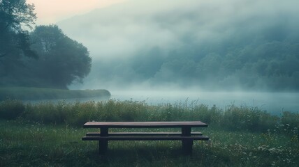 Poster - A bench is sitting in a grassy field with fog in the background. The scene is peaceful and serene, with the mist adding a sense of calmness to the atmosphere