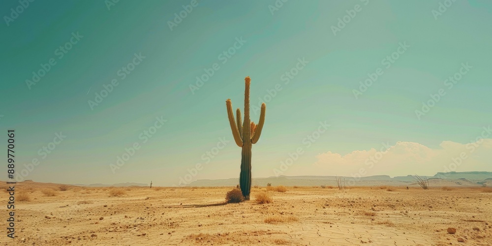 Solitary cactus standing tall in vast sunlit desert landscape under ...