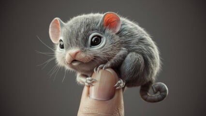 Poster - A small mouse sitting on top of a finger with grey fur, AI