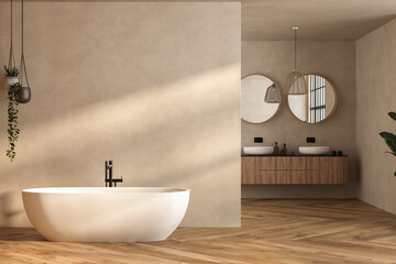 Wall Mural - Beige bathroom interior with double sink and mirror, carpet on hardwood floor, bathtub, plants. Bathing accessories and window in hotel studio