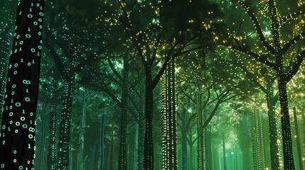 Fototapete - A dense forest at night, with the trees illuminated by strings of lights forming binary code patterns.