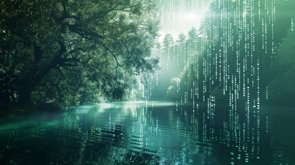 Aufkleber - A tranquil lake surrounded by lush trees and digital rain falling from the sky.