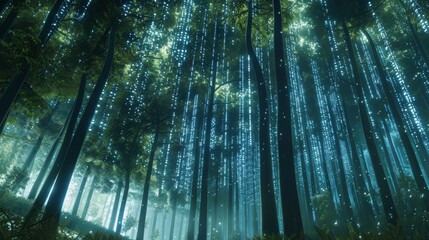 Aufkleber - A mystical forest at night is illuminated with strings of blue lights hanging between the trees.