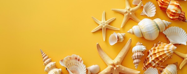 Wall Mural - A yellow background with a variety of seashells and starfish. Free copy space for text.