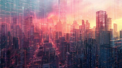 Poster - A vibrant cityscape with an overlay of digital lines and patterns, captured at sunset. The city's skyscrapers are illuminated by warm, golden light, while the digital elements add a futuristic feel.