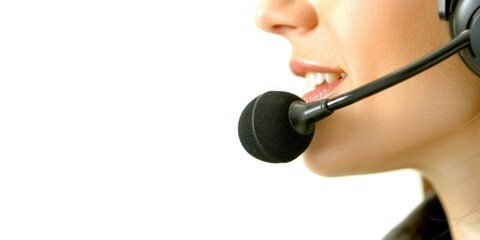 A woman's mouth is open, speaking into a headset microphone