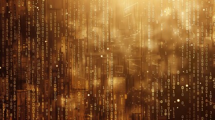 Leinwandbilder - A digital background of binary code in white on a golden, textured background.