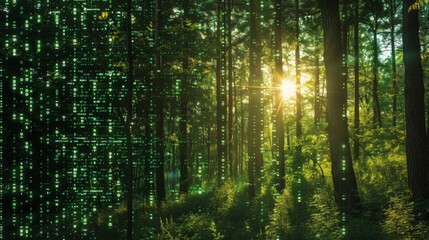 Fototapete - Green digital rain falls through the trees of a dense forest as sunlight streams through the canopy.