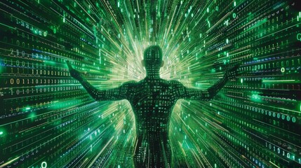 Leinwandbilder - A silhouette of a person with arms outstretched stands within a matrix of green binary code, as the lines of code stream outward like beams of light.