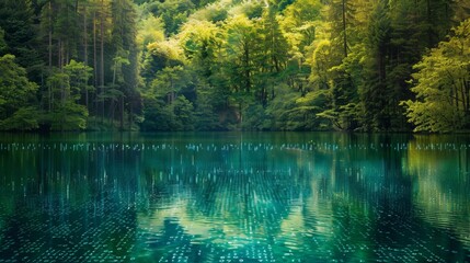 Aufkleber - A serene lake reflects the vibrant green foliage of a surrounding forest.