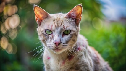 Allergic skin diseases in domestic cats. Cat's wound from dermatitis. Skin diseases in cats. Cat pimples. Atypical dermatitis in a domestic cat. Cat allergy in cats. Itching in a domestic cat.