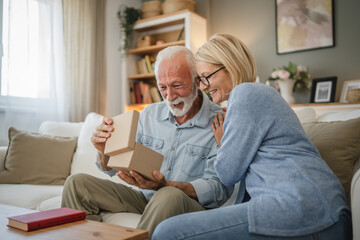 Mature wife surprised her senior husband whit gift while he read book