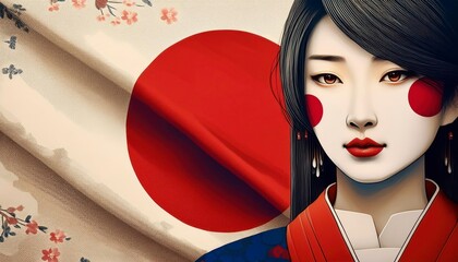 Japanese flag and Japanese woman