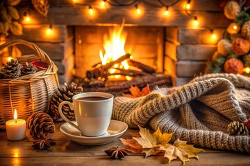 Autumn coziness: a crackling fireplace, a cozy blanket, sweater and hot cocoa. 