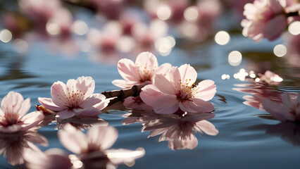 Pink cherry blossoms floating serenely on water.