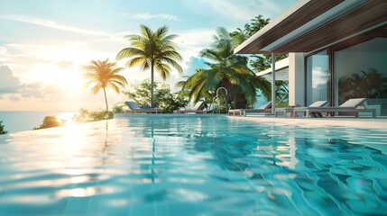 Wall Mural - Private swimming pool near luxury villa on a sunny summer day