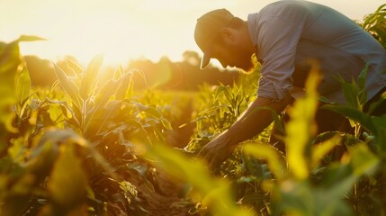 Wall Mural - Farmers Examining Genetically Modified Crops in a Sunlit Field - Agriculture and Technology Concept